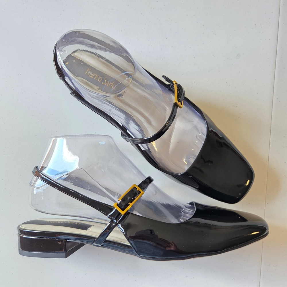 Franco Sarto L-Destin Black Patent Slingback Mary Jane Square Toe Pumps 7.5M